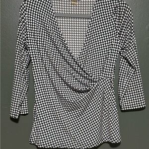 Black and White houndstooth Faux Wrap Blouse with V-Neck